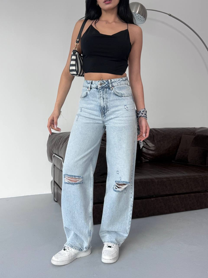 Kadın Yırtık Detaylı Baggy Jeans Pantolon