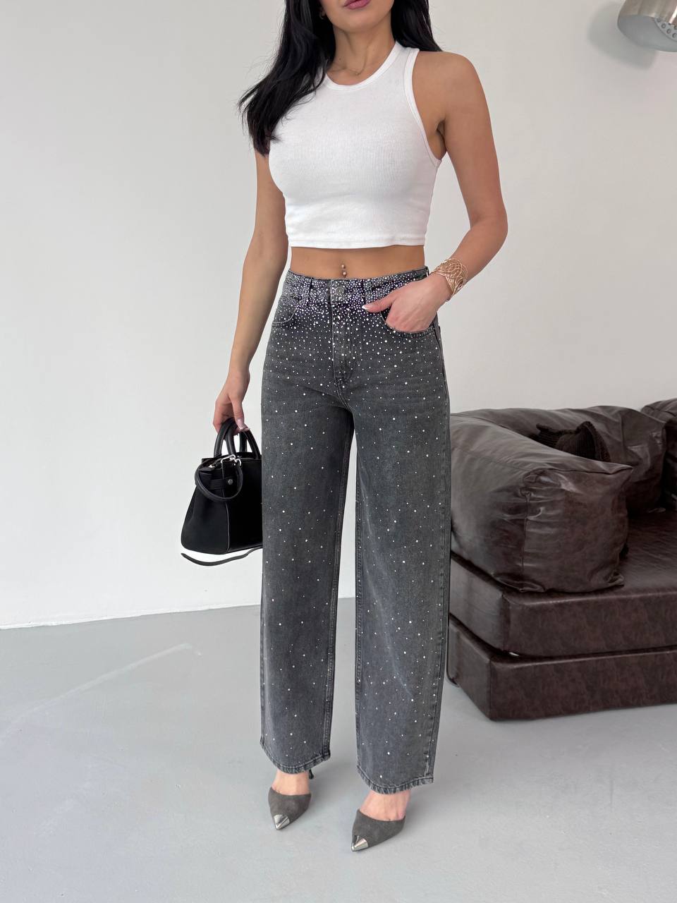 Kadın Taş Detaylı Baggy Jeans Pantolon